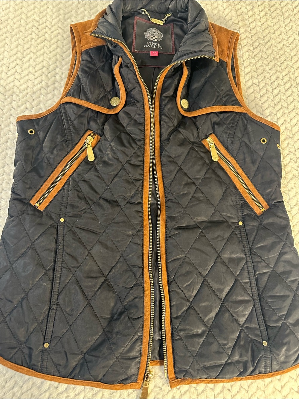 Vince Camuto Black Quilted Faux Suede Full Zip Vest Jacket XS